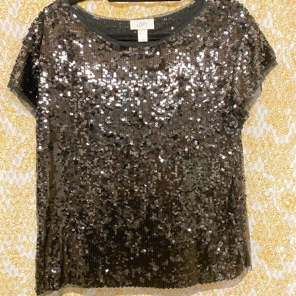 Loft Black Sequin Shirt Size L